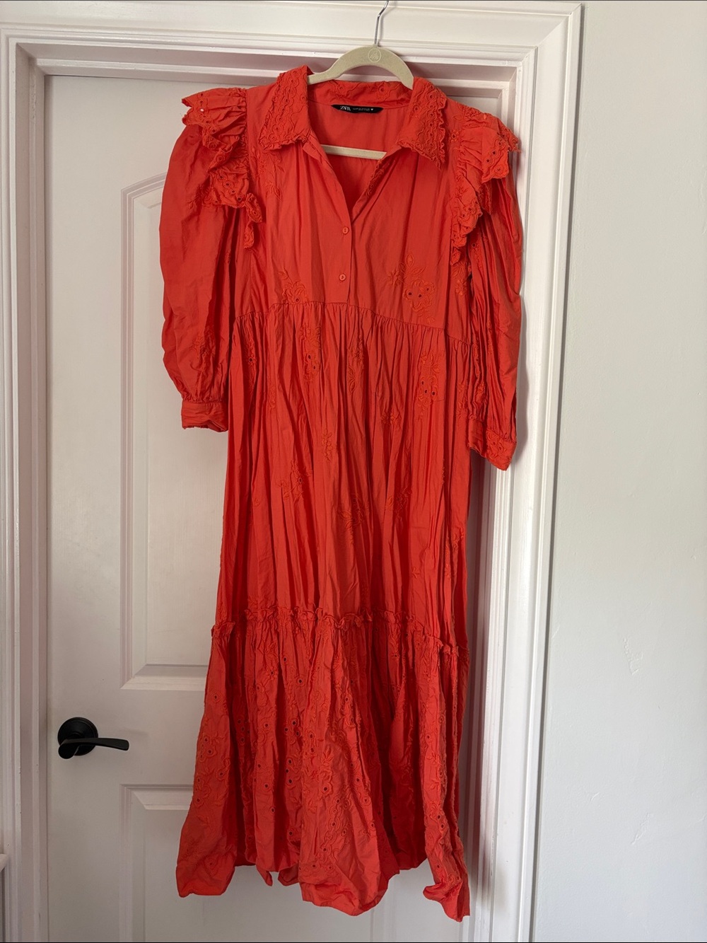 Zara Orange Eyelet Maxi Dress with Puff Shoulders